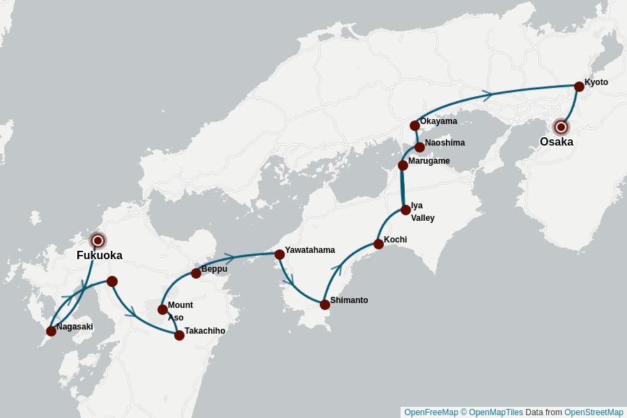 Itinerary Map image for Japans Inseln: Honshu, Shikoku & Kyushu