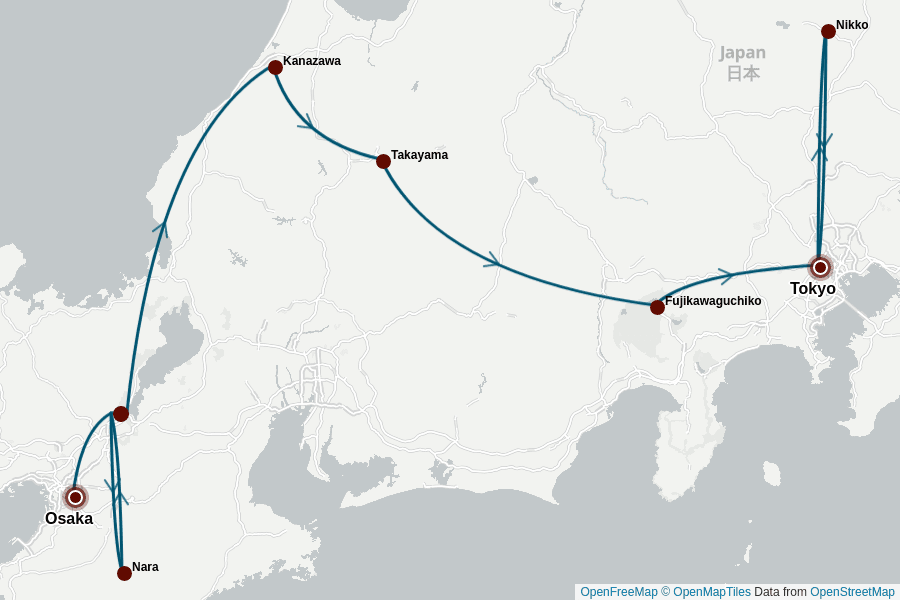 Itinerary Map image for Japan Komfort: 14 Tage kompakter Genuss
