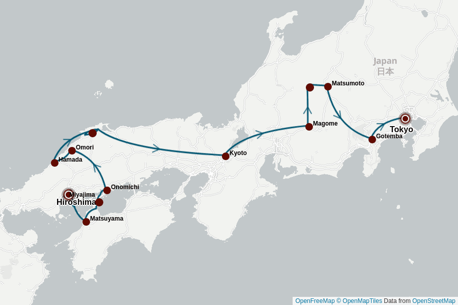 Itinerary Map image for Japan Aktiv: Radeln, Wandern & Kultur