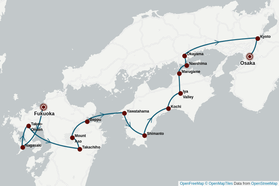 Itinerary Map image for Japans Inseln: Honshu, Shikoku & Kyushu