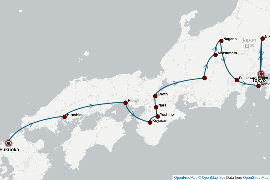 Itinerary Map image for Japan Rundreise 3 Wochen: Goldene Route Plus